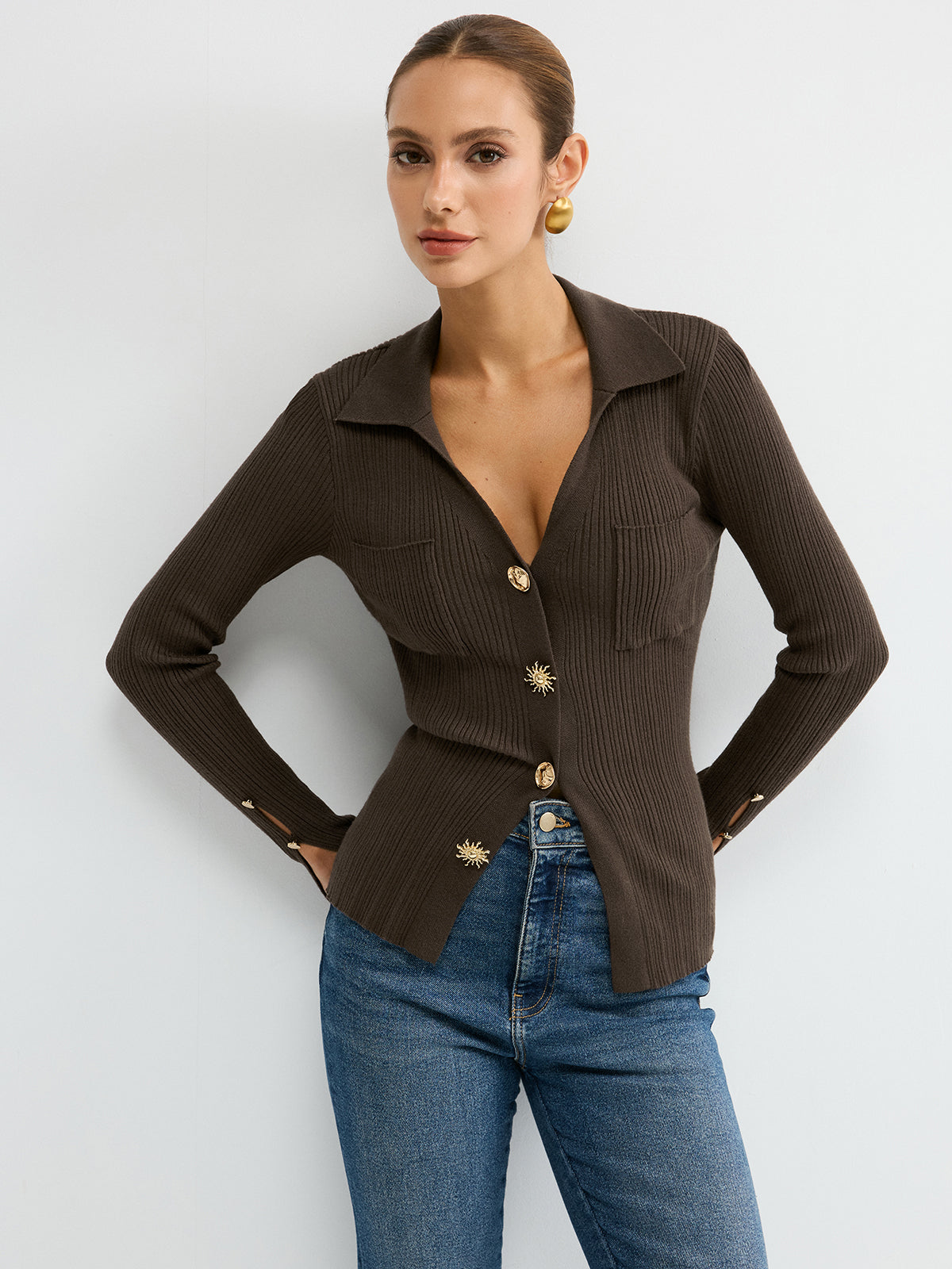 Polo Neck Ribbed Knit Top - Casual Long Sleeve Sweater
