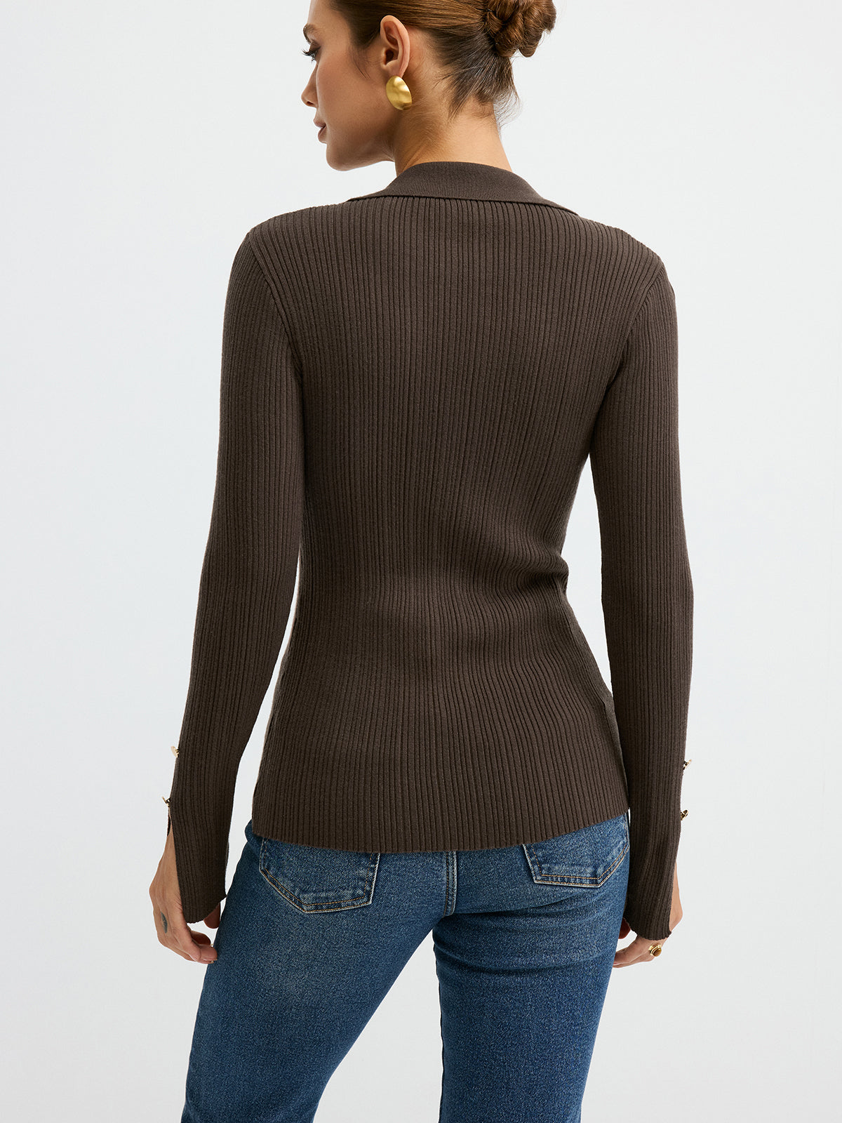 Polo Neck Ribbed Knit Top - Casual Long Sleeve Sweater