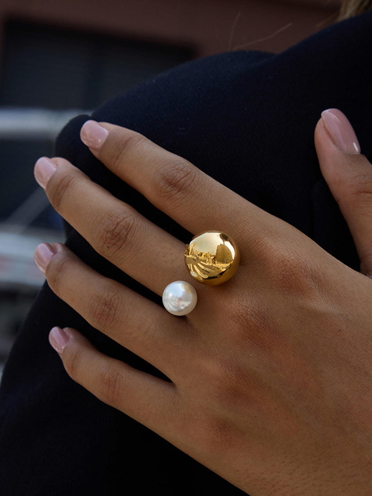 Pearl Accent Golden Open Ring Elegant Adjustable Jewelry Design