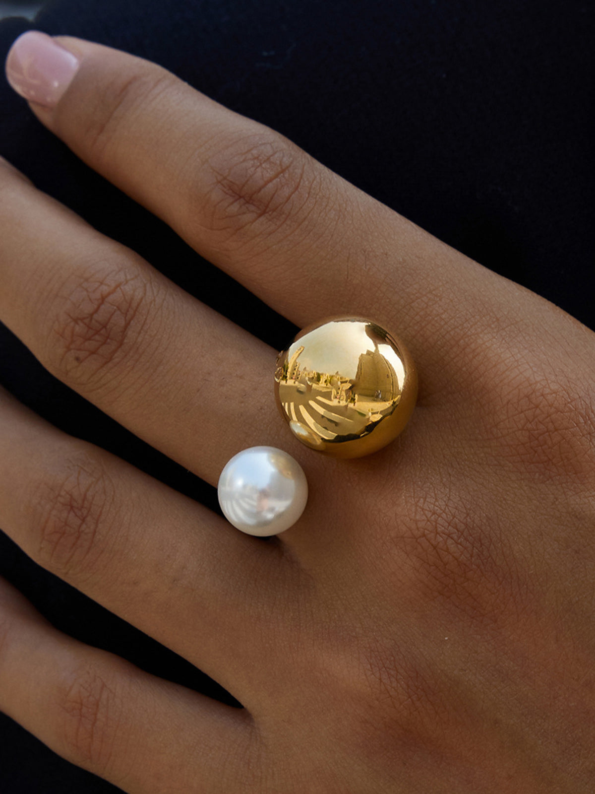Pearl Accent Golden Open Ring Elegant Adjustable Jewelry Design