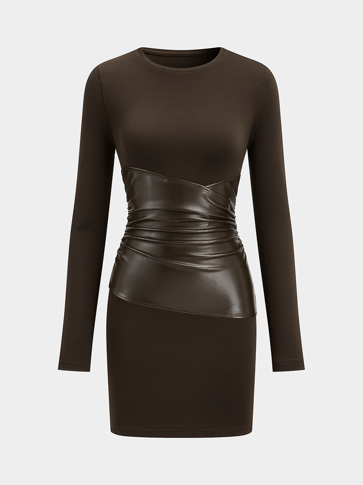 PU Leather Panel Long Sleeve Knit Dress for Women, Comfort Fit