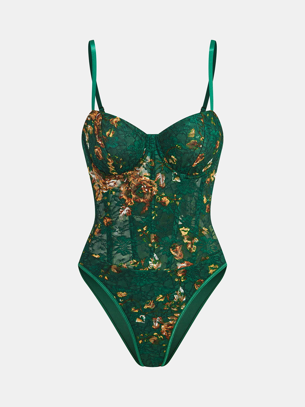 Floral Print Embroidery Bustier Corset Bodysuit with Lace Trim Details