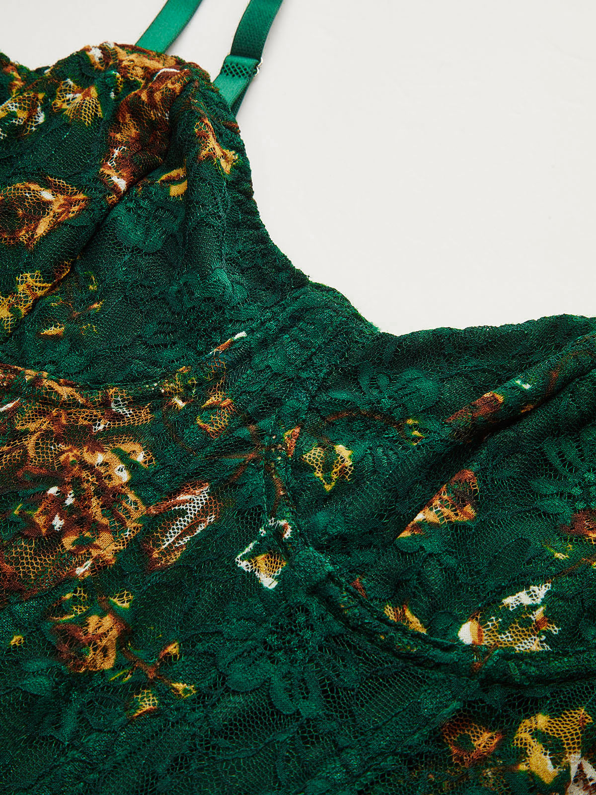 Floral Print Embroidery Bustier Corset Bodysuit with Lace Trim Details