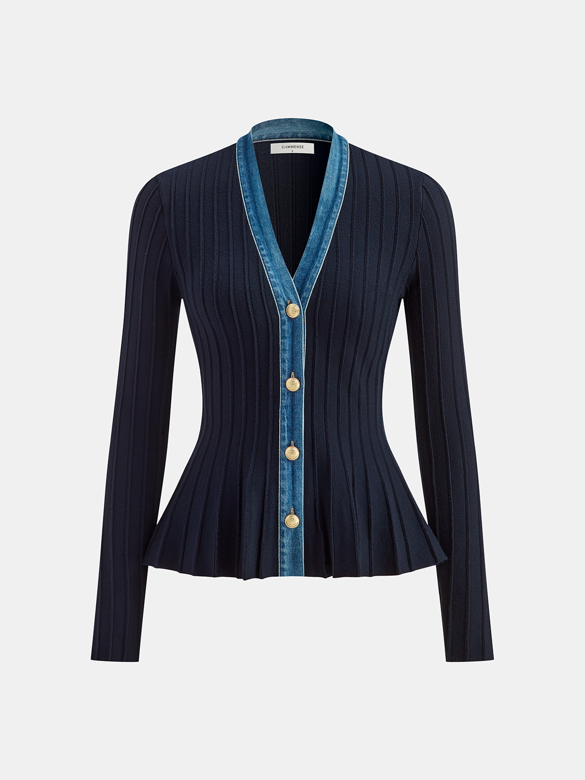 Denim Trim Knitted Peplum Cardigan Stylish Lightweight Spring Outerwear