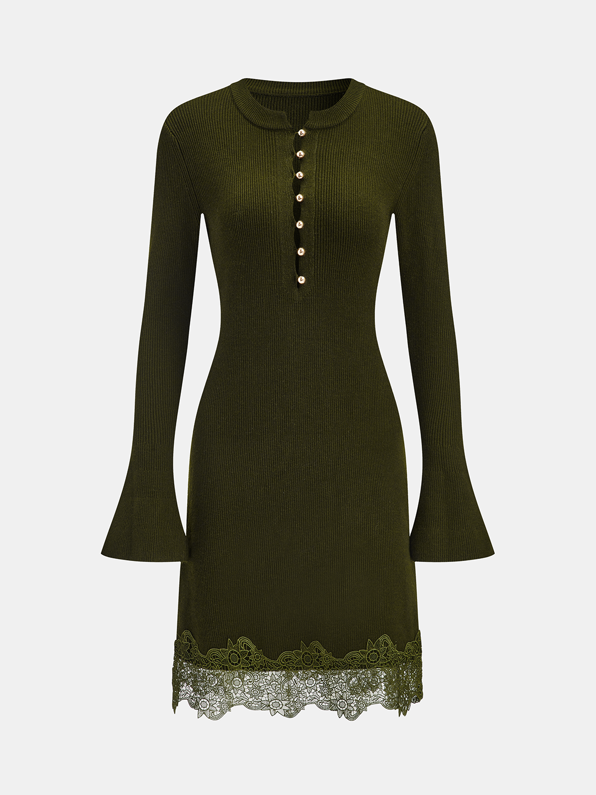 Wool Blend Lace Hem Metal Button Mini Dress with Elegant Fit