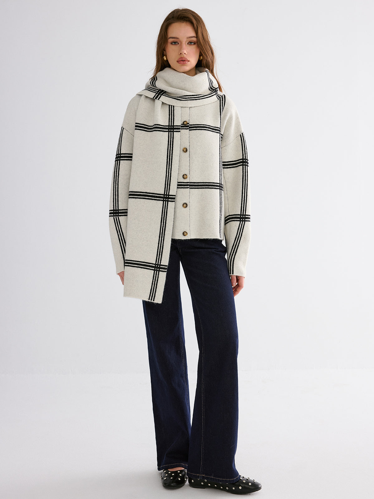 Wrap Scarf Check Print Cardigan with Fringe Detailing