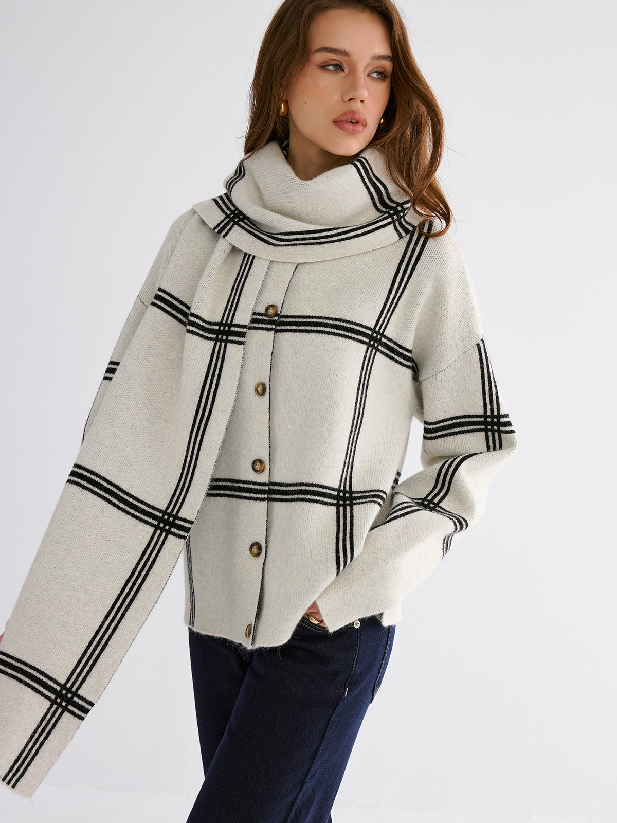 Wrap Scarf Check Print Cardigan with Fringe Detailing