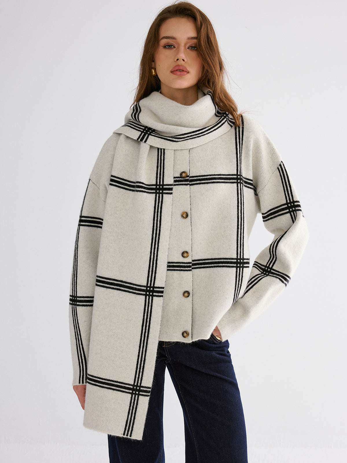 Wrap Scarf Check Print Cardigan with Fringe Detailing