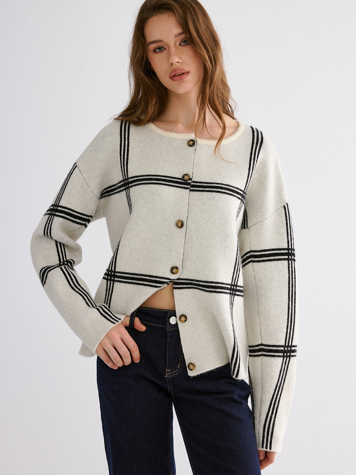 Wrap Scarf Check Print Cardigan with Fringe Detailing