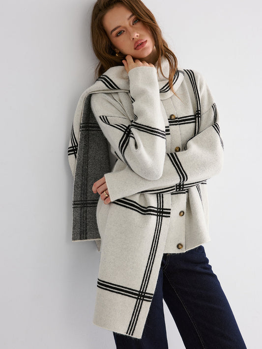 Wrap Scarf Check Print Cardigan with Fringe Detailing