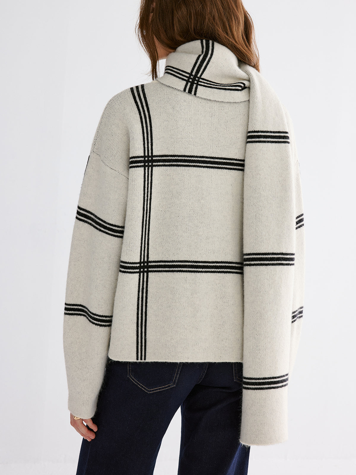 Wrap Scarf Check Print Cardigan with Fringe Detailing