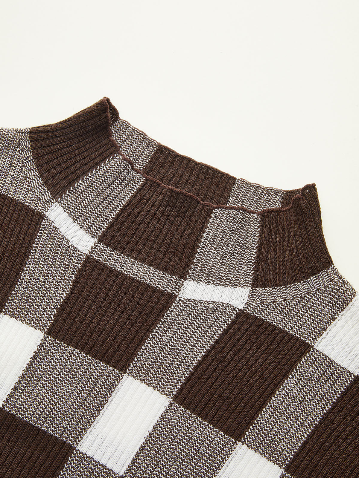 Checkered Wool-Blend Mock Neck Knit Top Cozy Winter Sweater Fashion