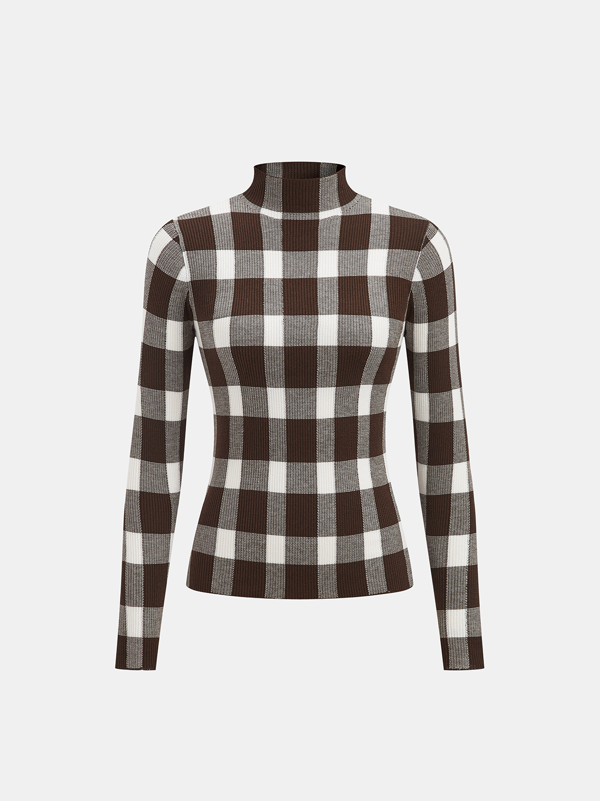 Checkered Wool-Blend Mock Neck Knit Top Cozy Winter Sweater Fashion