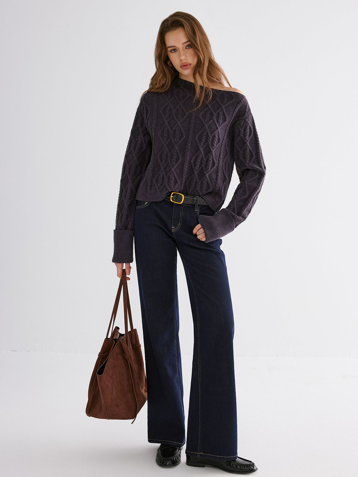 Cable Knit Off-shoulder Sweater Cozy Winter Pullover