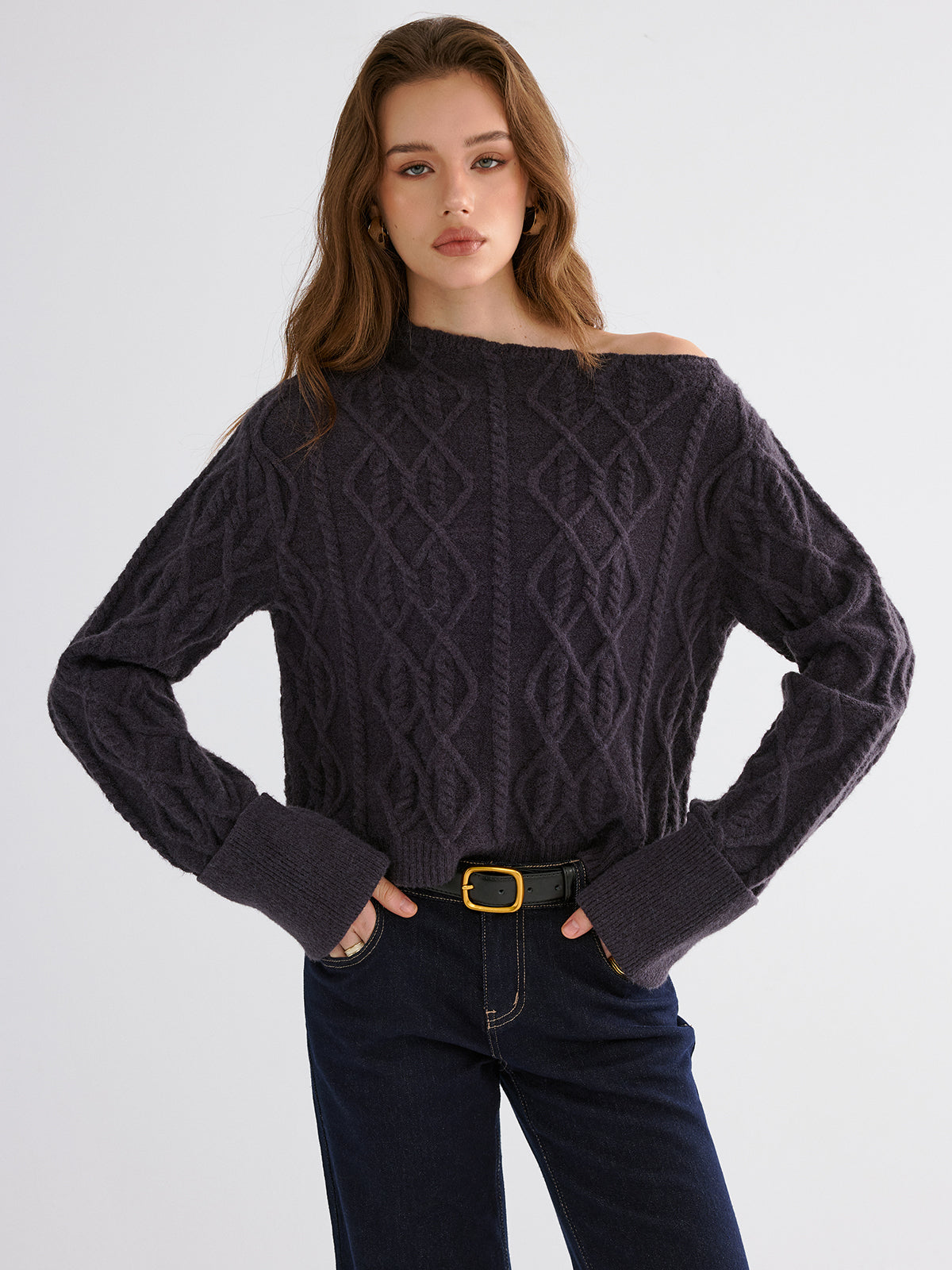 Cable Knit Off-shoulder Sweater Cozy Winter Pullover