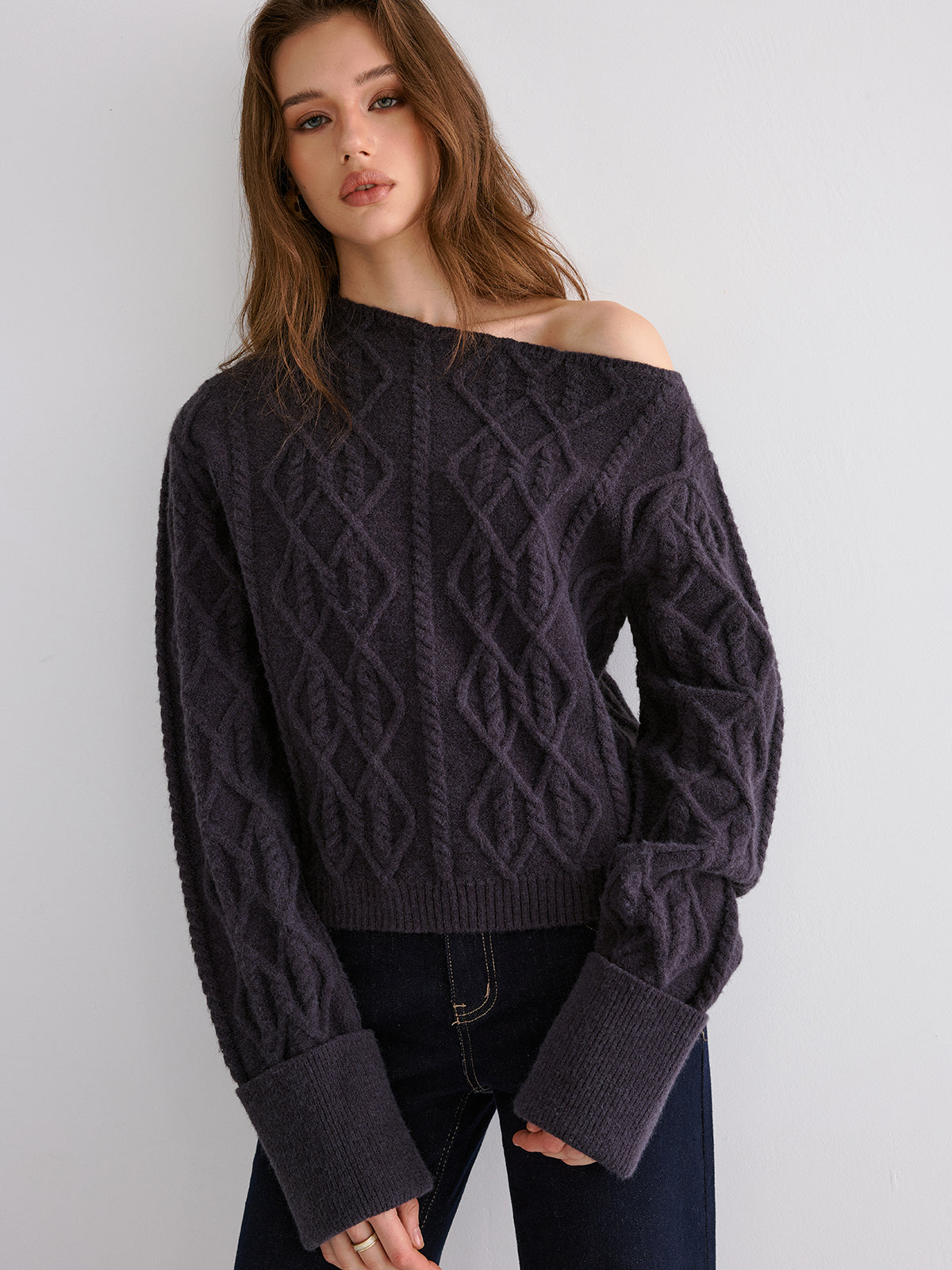 Cable Knit Off-shoulder Sweater Cozy Winter Pullover