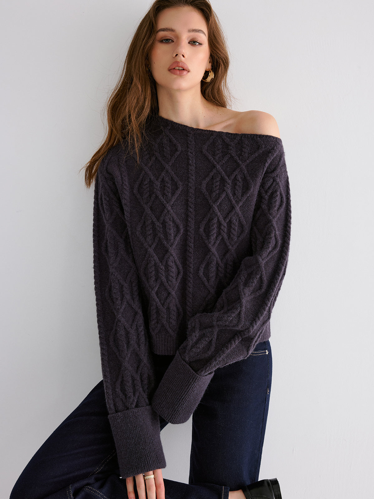 Cable Knit Off-shoulder Sweater Cozy Winter Pullover