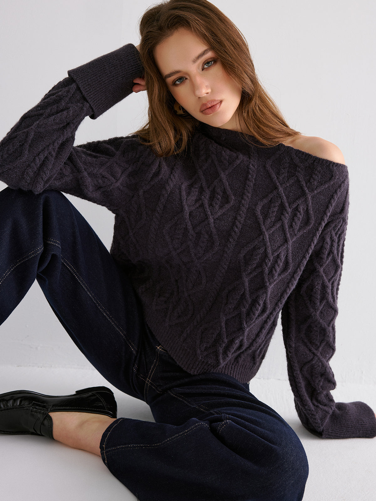 Cable Knit Off-shoulder Sweater Cozy Winter Pullover