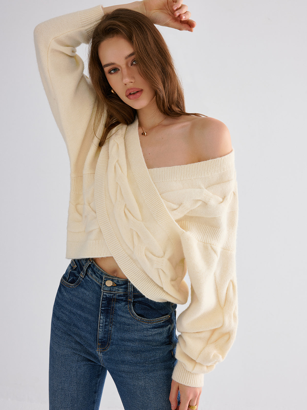Cable Knit Cross-Front V-Neck Sweater Cozy Winter Essential
