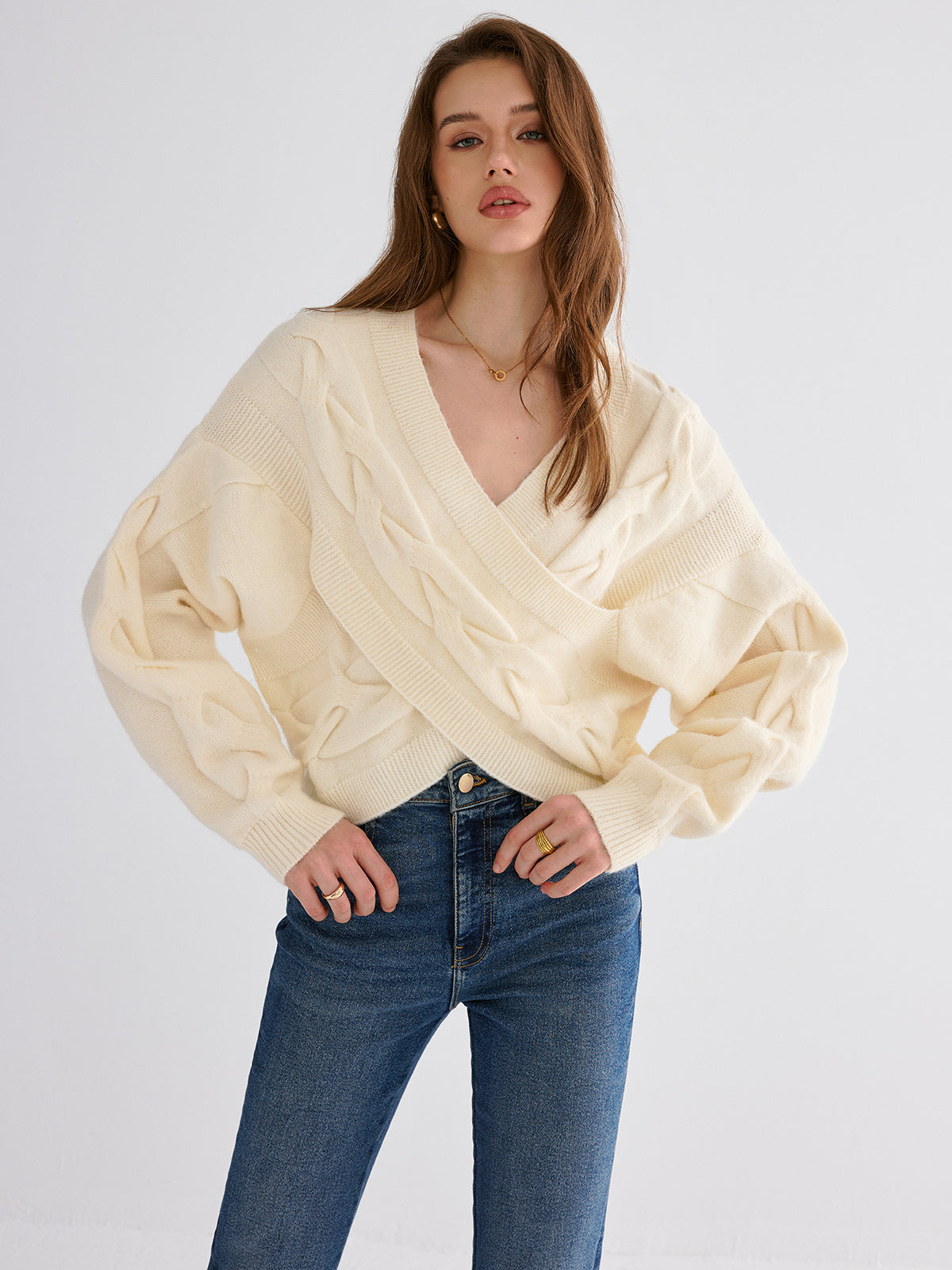 Cable Knit Cross-Front V-Neck Sweater Cozy Winter Essential