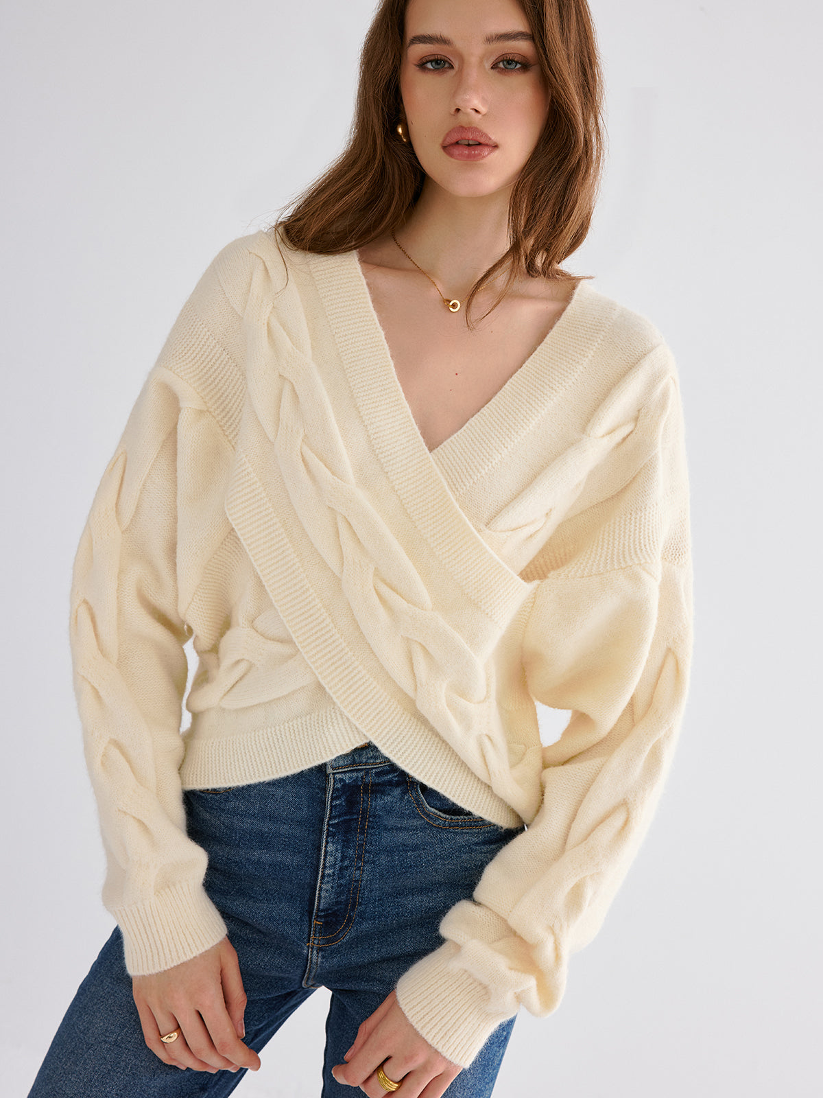 Cable Knit Cross-Front V-Neck Sweater Cozy Winter Essential