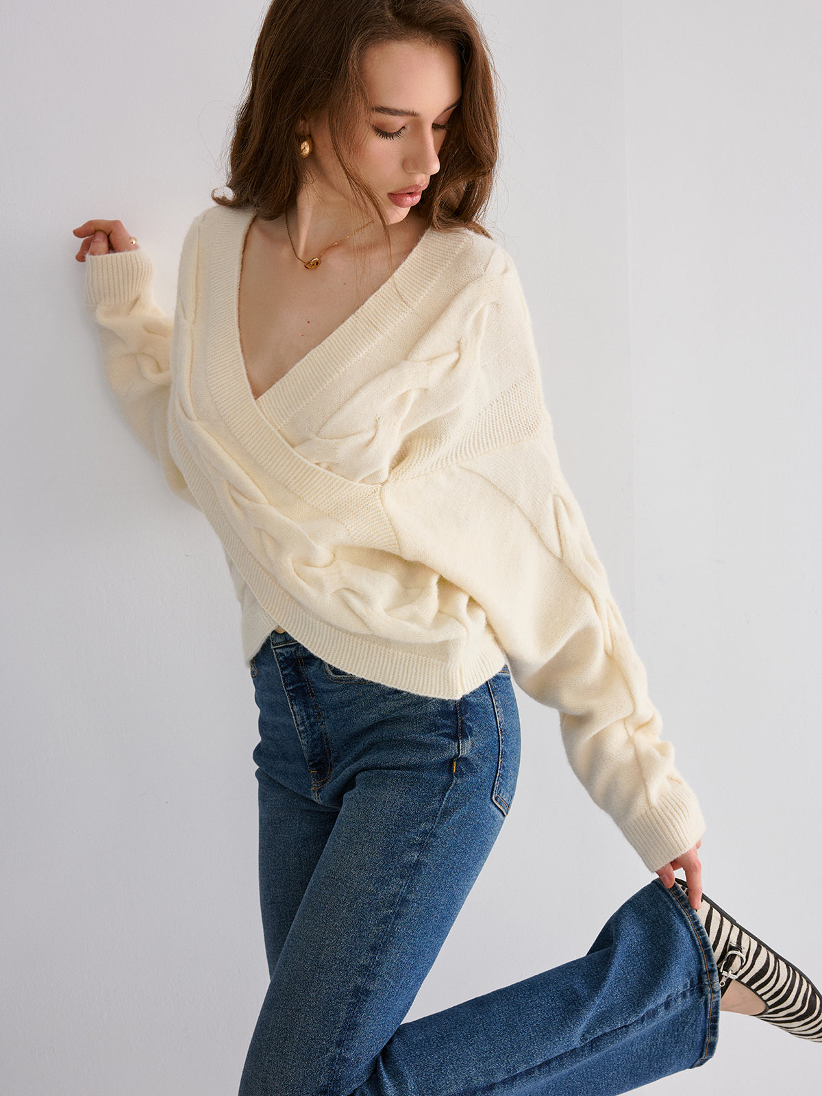 Cable Knit Cross-Front V-Neck Sweater Cozy Winter Essential