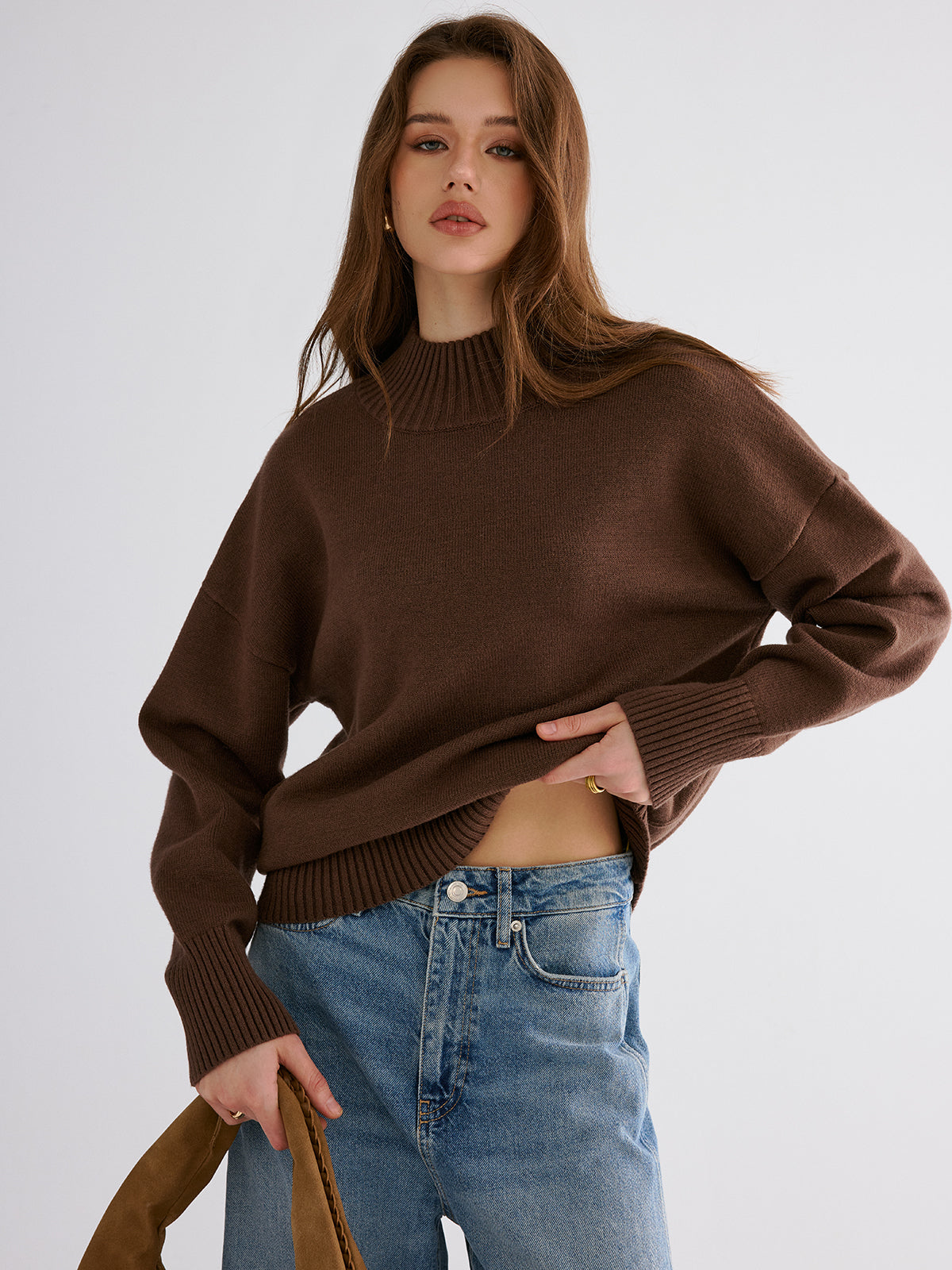 Oversized Drop Shoulder Crew Neck Sweater Cozy Winter Knitwear