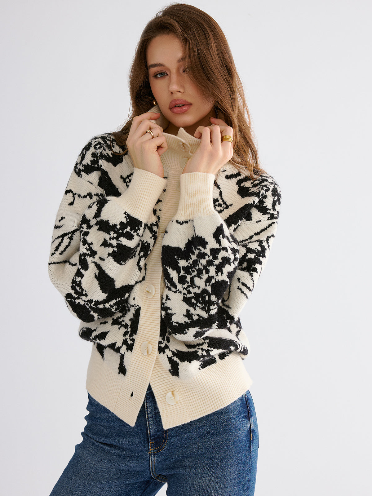 Floral Jacquard Button Cardigan Sweater Women's Lightweight Tops
