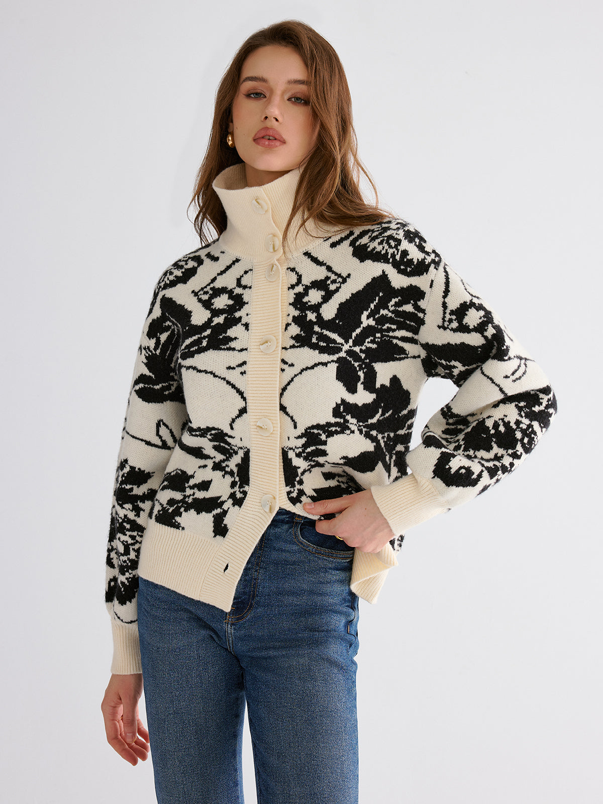 Floral Jacquard Button Cardigan Sweater Women's Lightweight Tops