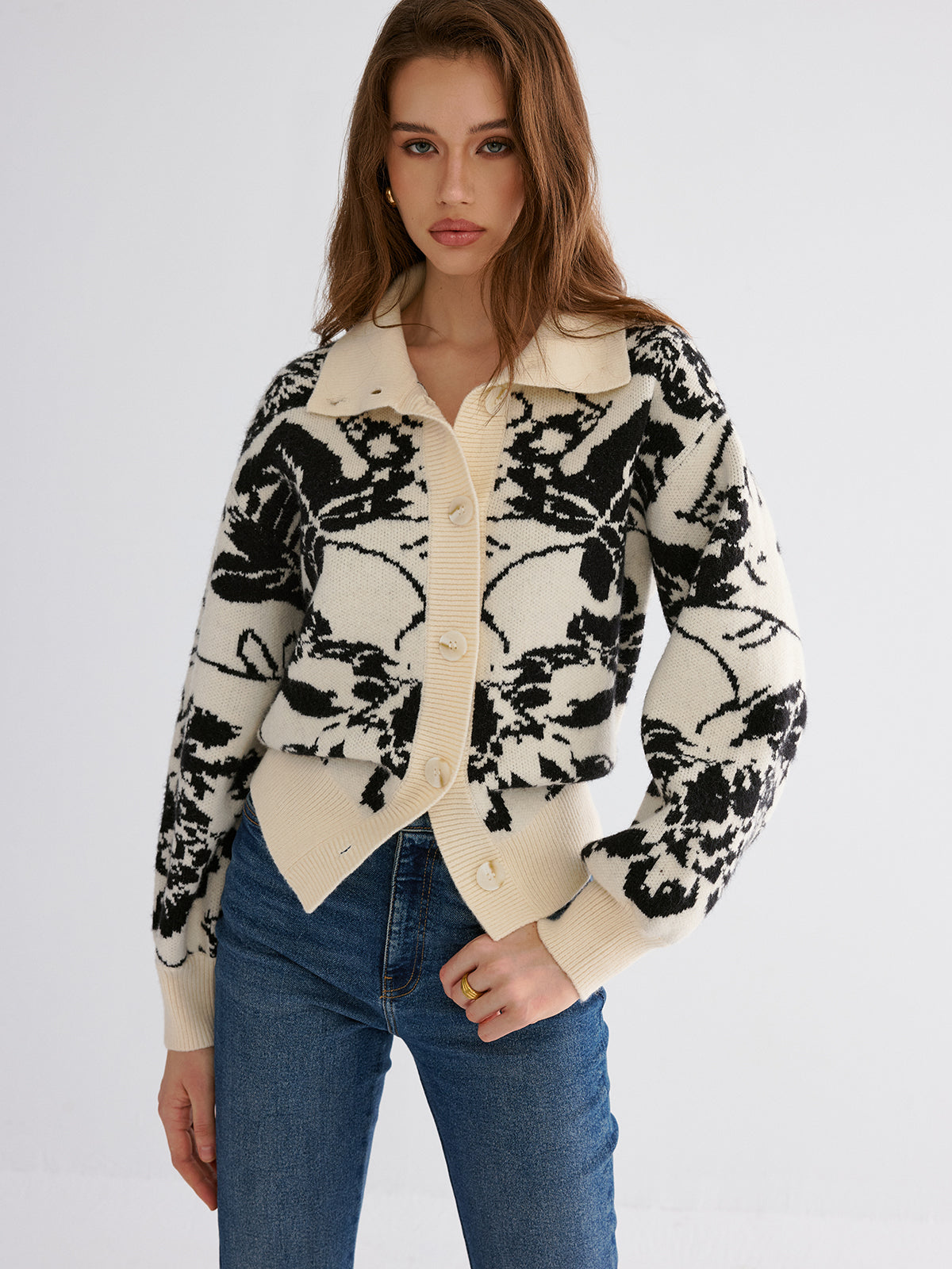 Floral Jacquard Button Cardigan Sweater Women's Lightweight Tops