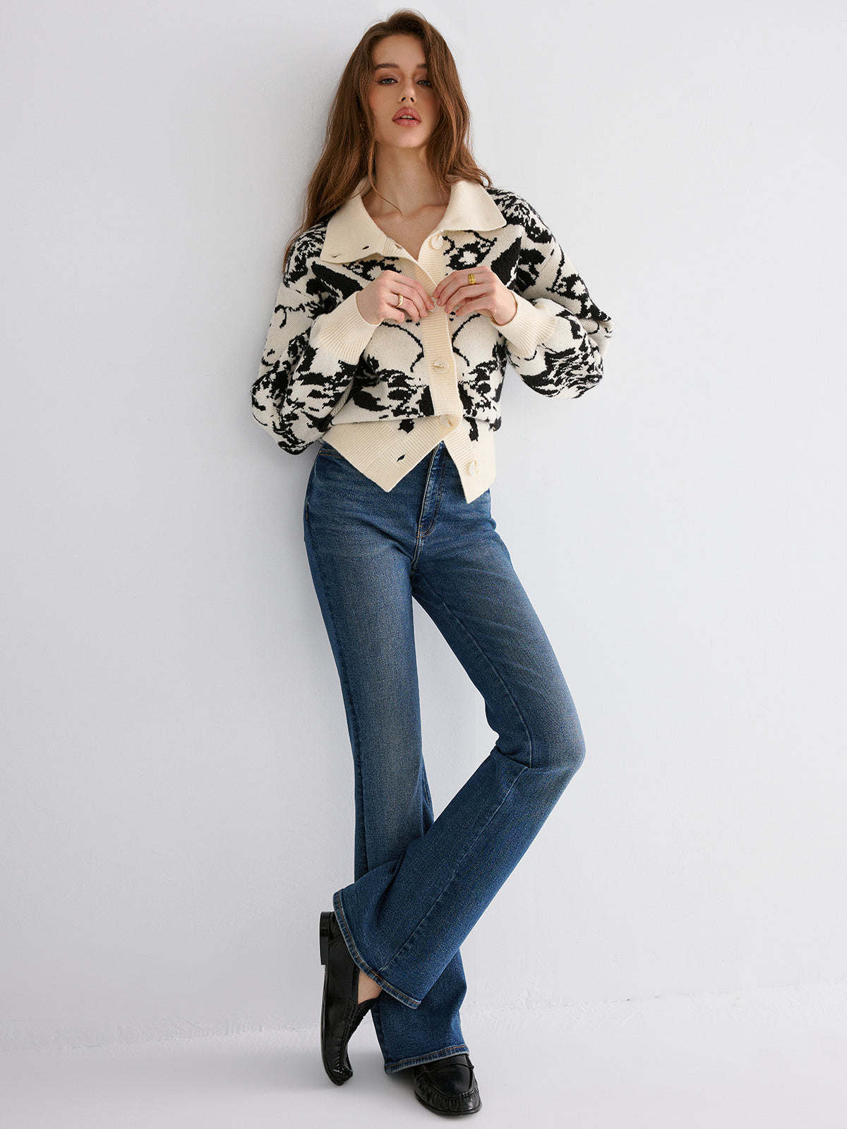 Floral Jacquard Button Cardigan Sweater Women's Lightweight Tops
