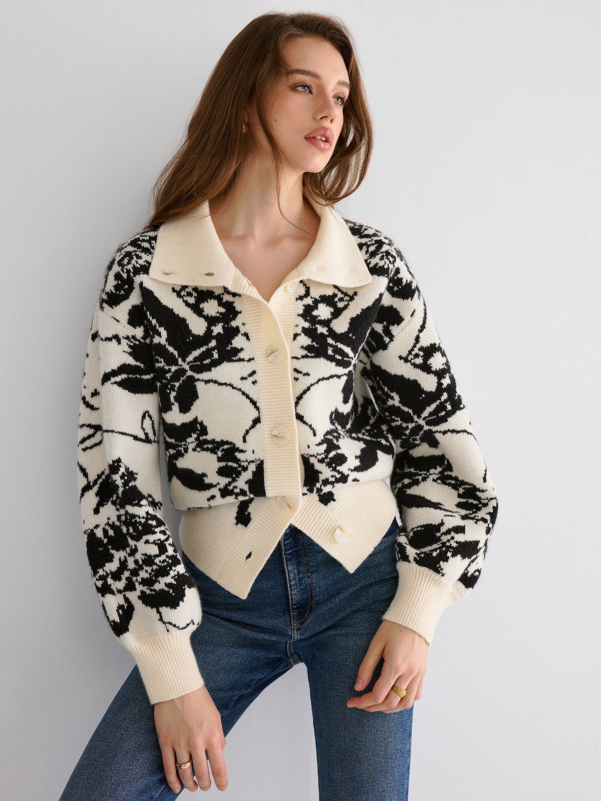 Floral Jacquard Button Cardigan Sweater Women's Lightweight Tops