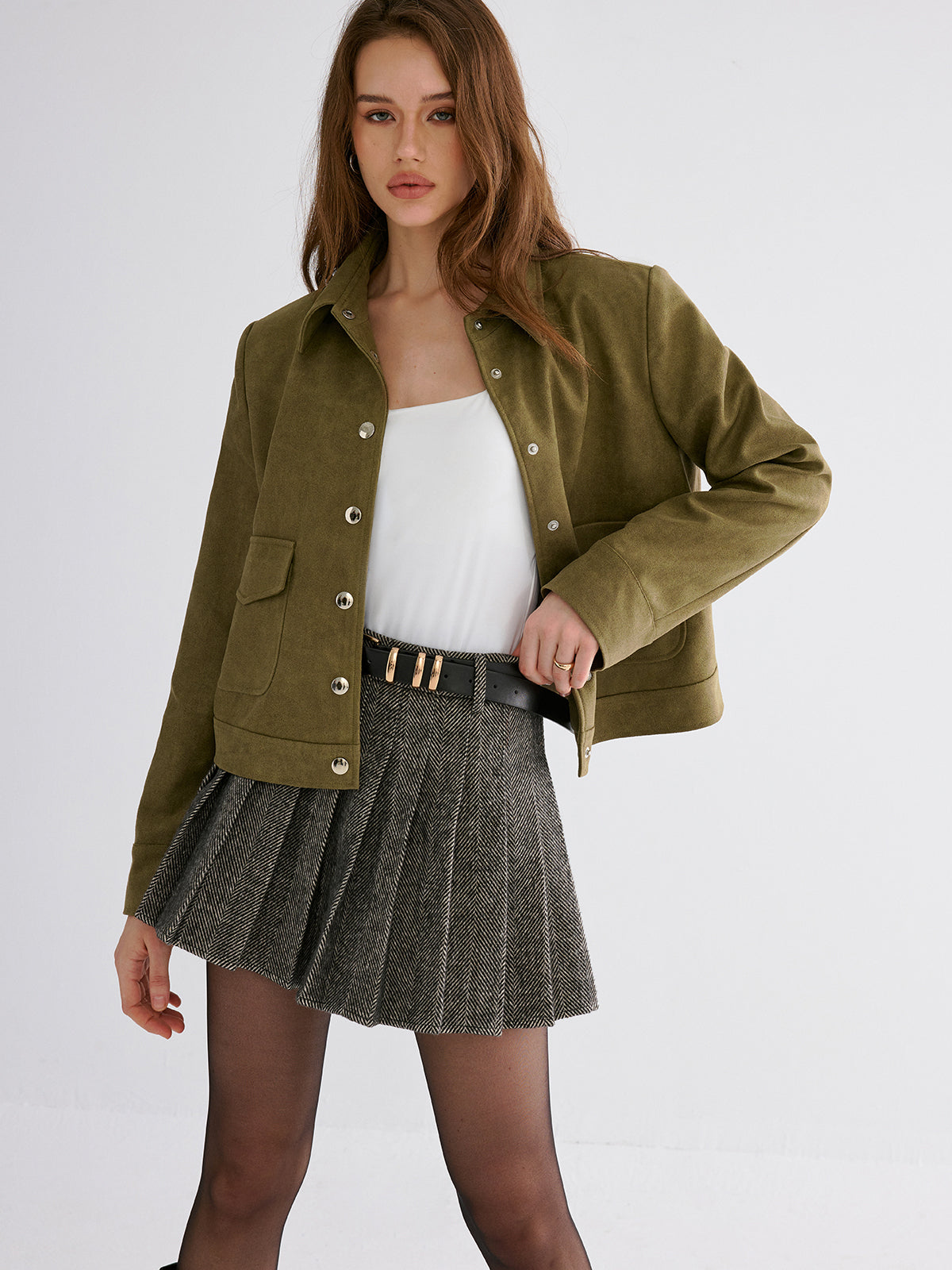Pleated Tweed Skirt for Women Classic Style High Waist