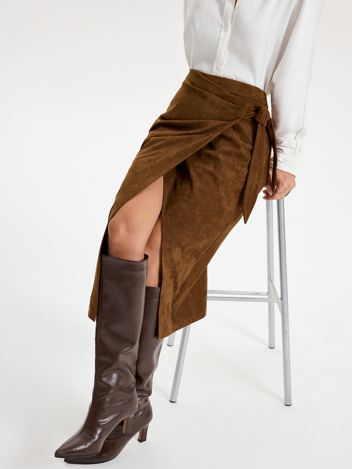 Tie Knot Suede Effect Midi Skirt for Women Casual Chic