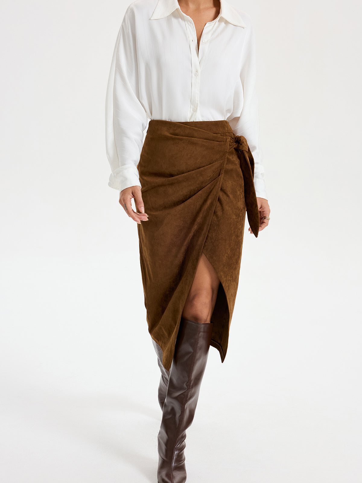 Tie Knot Suede Effect Midi Skirt for Women Casual Chic