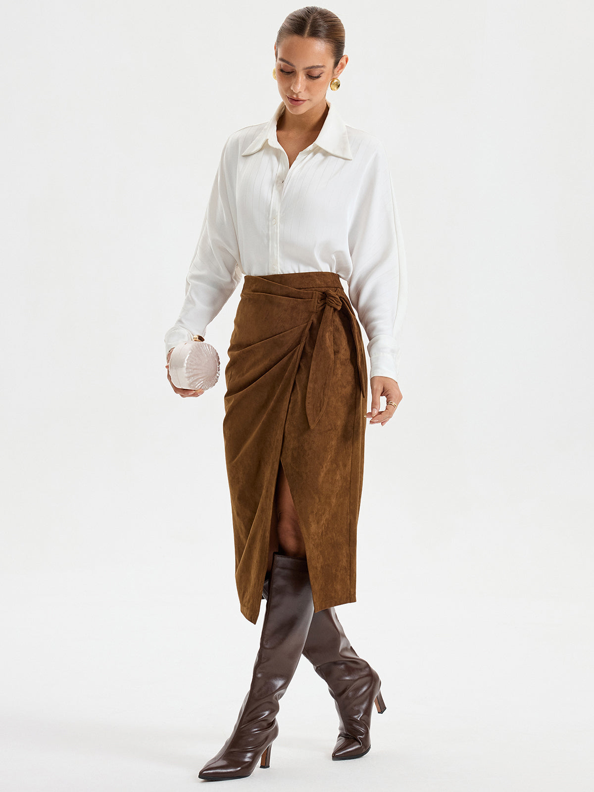 Tie Knot Suede Effect Midi Skirt for Women Casual Chic