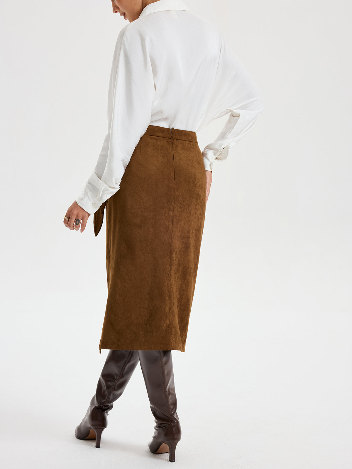Tie Knot Suede Effect Midi Skirt for Women Casual Chic