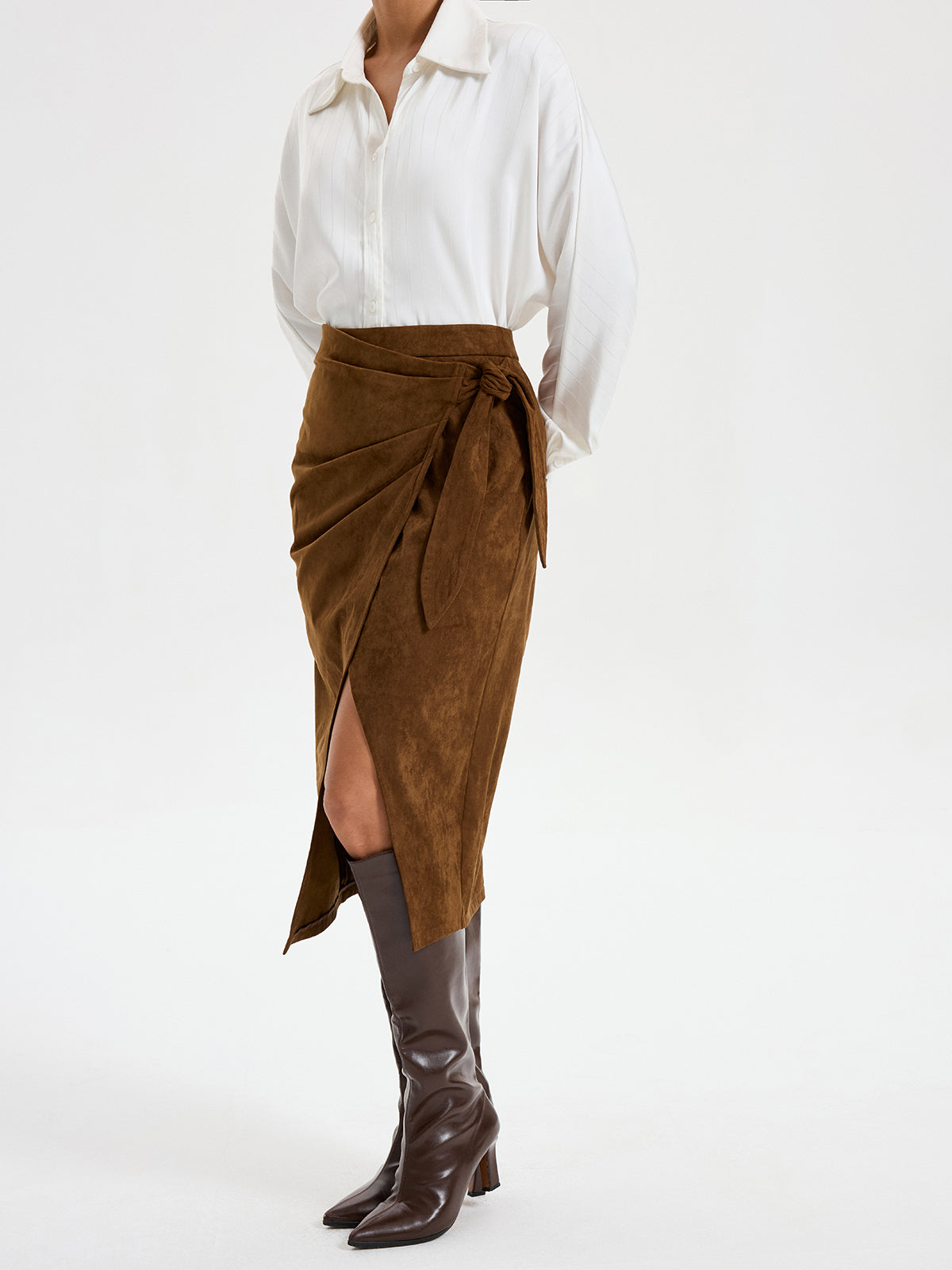 Tie Knot Suede Effect Midi Skirt for Women Casual Chic