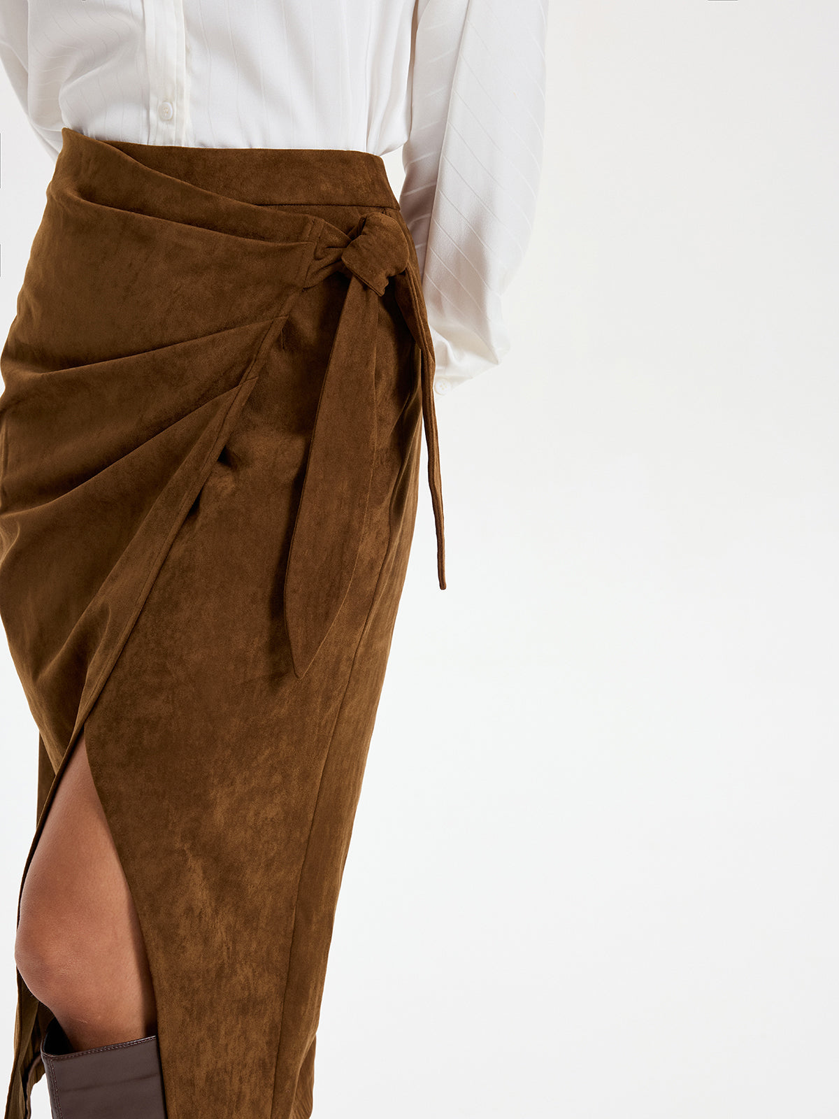 Tie Knot Suede Effect Midi Skirt for Women Casual Chic