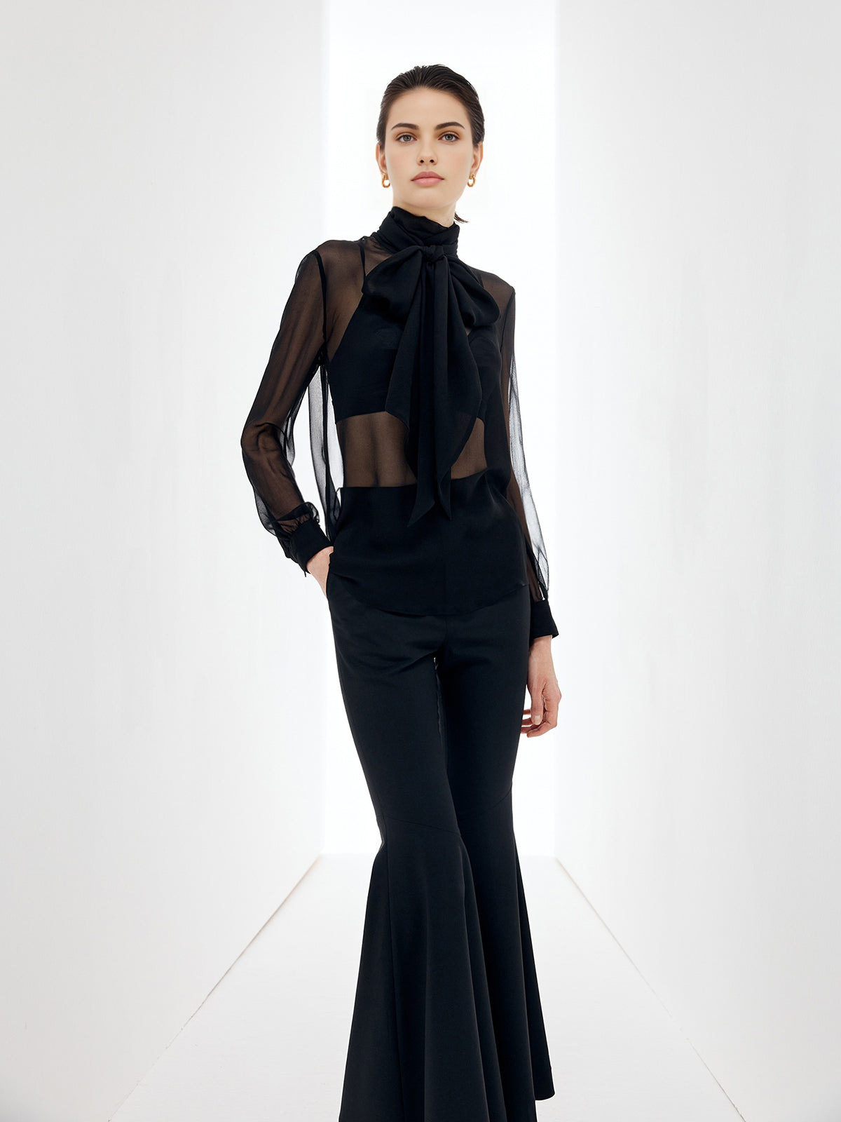 Sheer Bow Chiffon Blouse Elegant Lightweight Long Sleeve Pullover