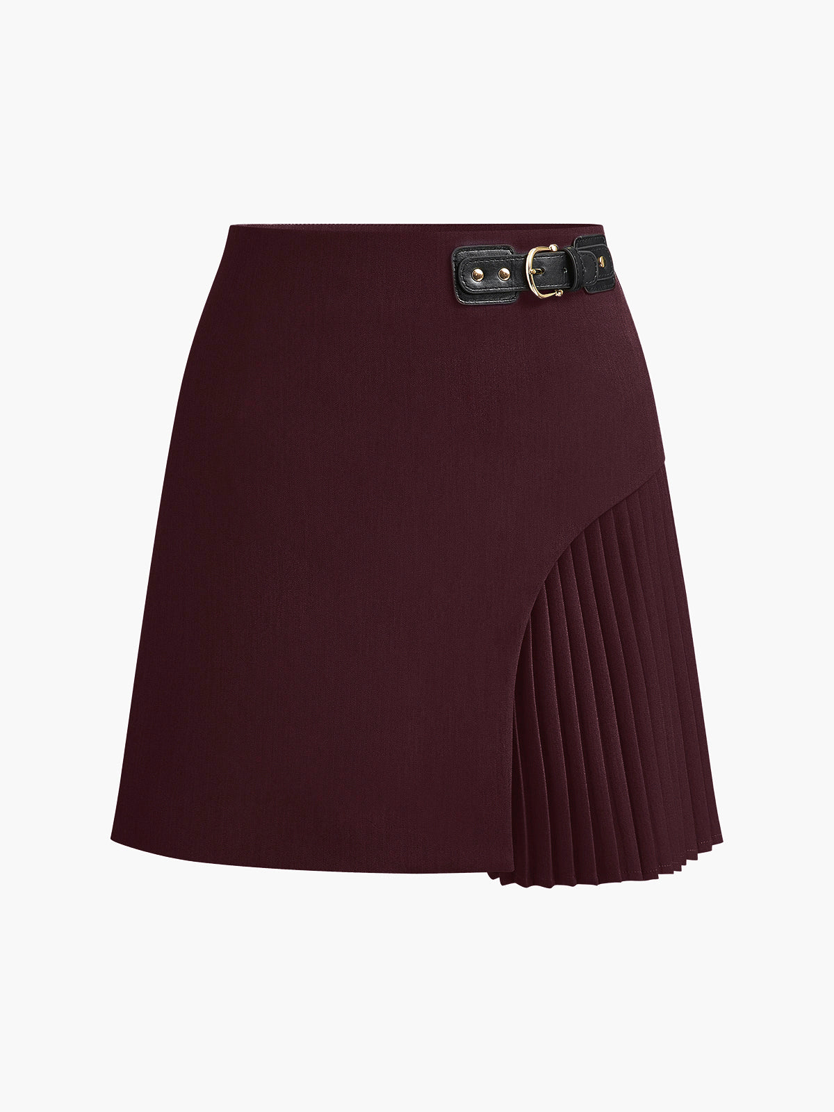 Side Pleated Buckle Belted Skirt for Women, Casual Office Wear