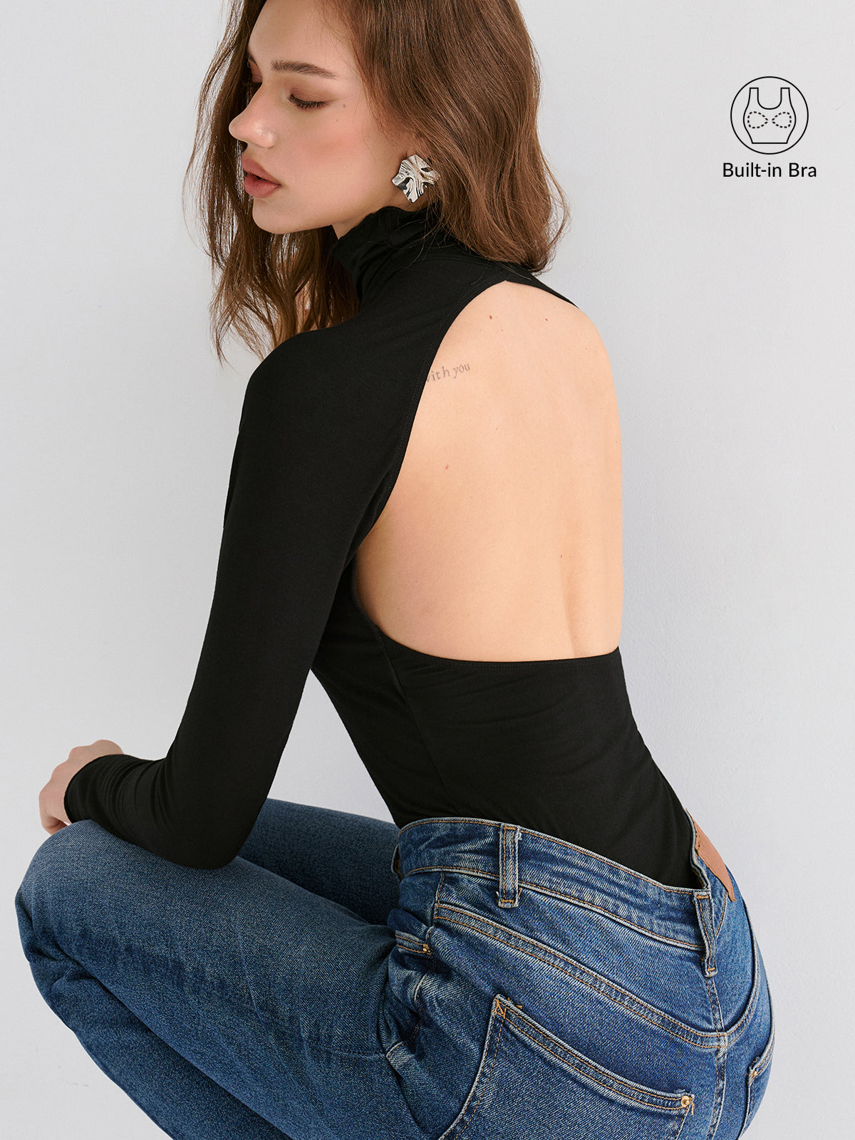 Bra Free Soft Line Open Back Long Sleeve Shirt Comfortable Lightweight Women's Top