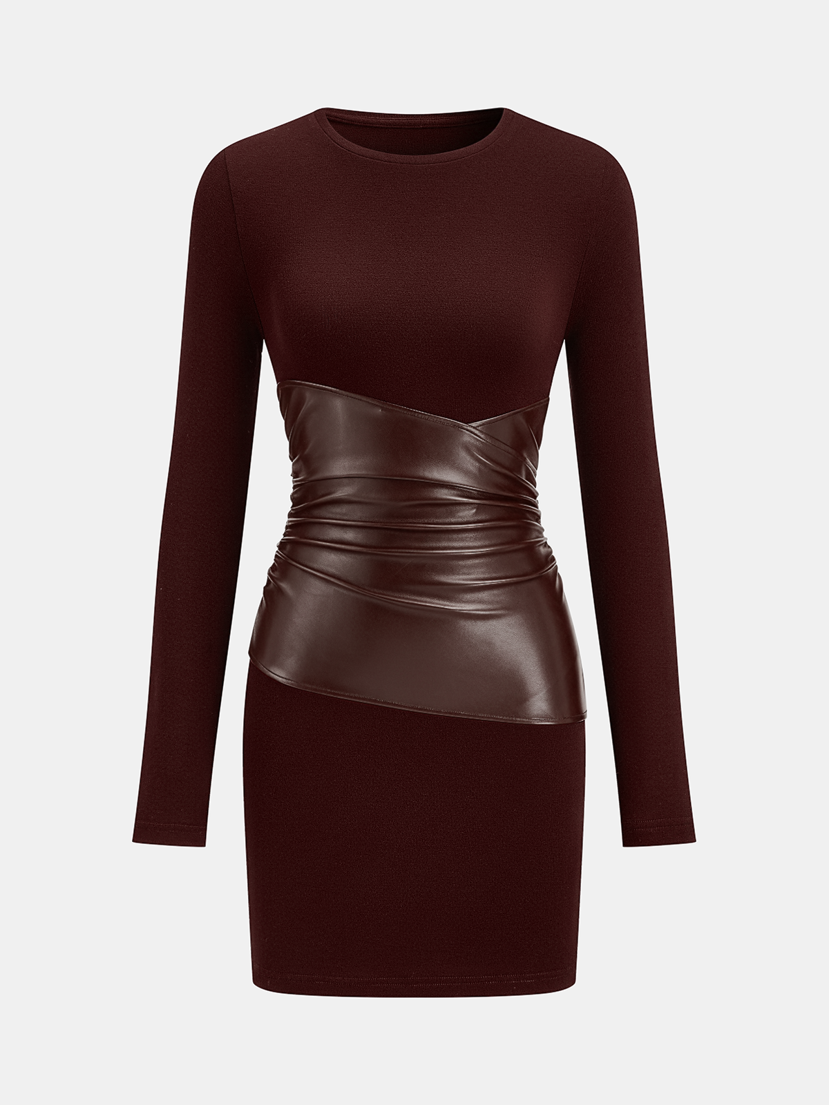 PU Leather Panel Long Sleeve Knit Dress for Women, Comfort Fit