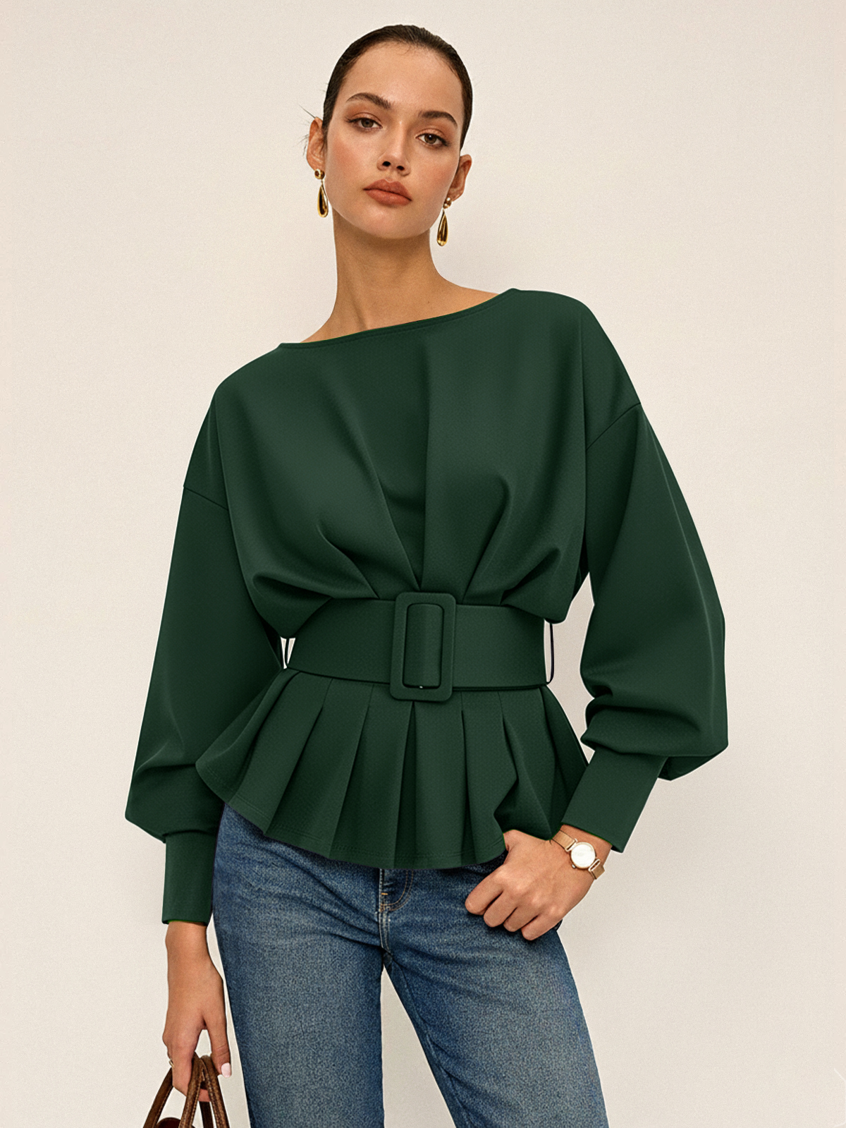 Boat Neck Peplum Sweatshirt with Wide Belt Stylish Comfort Fit
