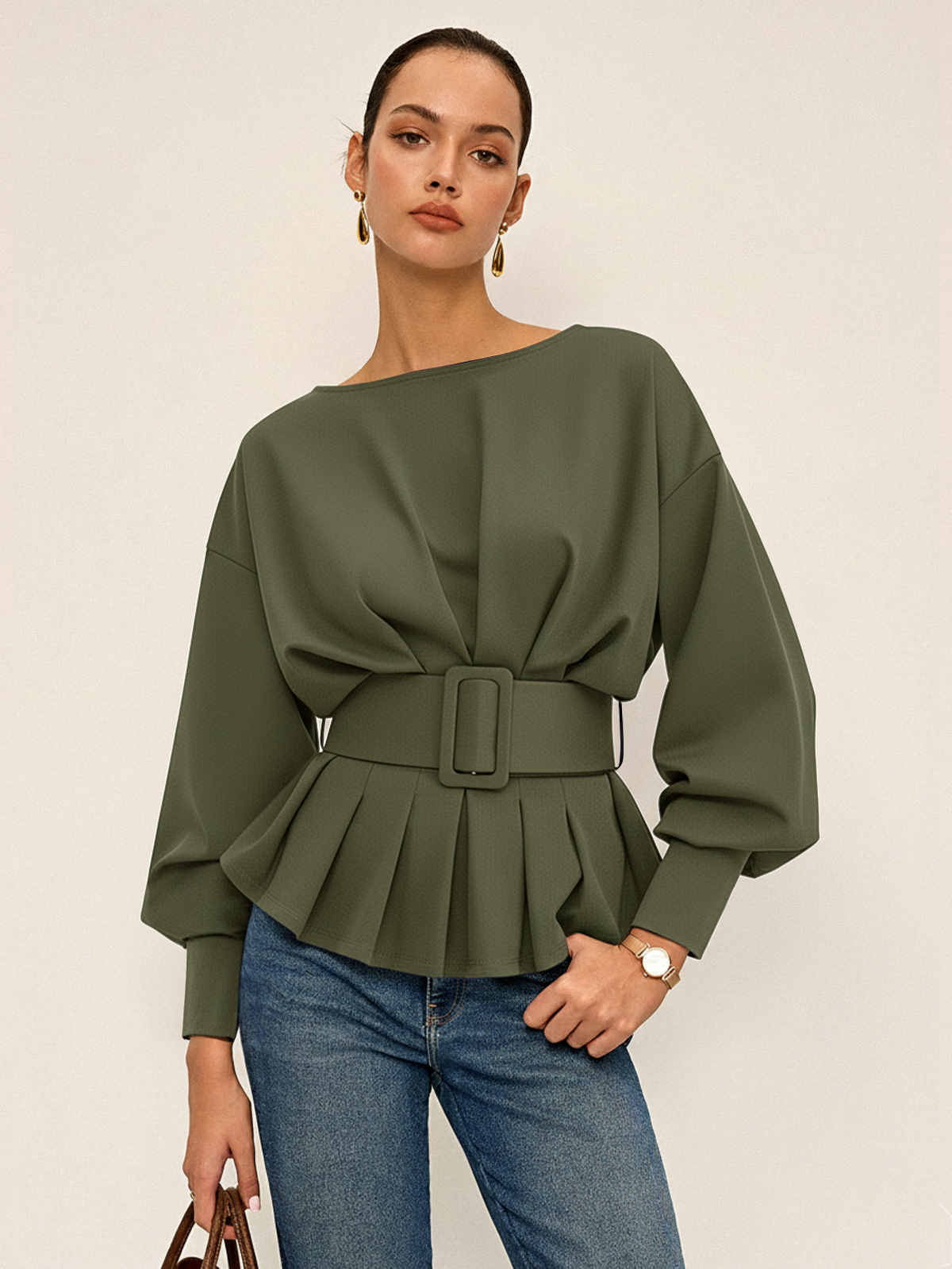 Boat Neck Peplum Sweatshirt with Wide Belt Stylish Comfort Fit