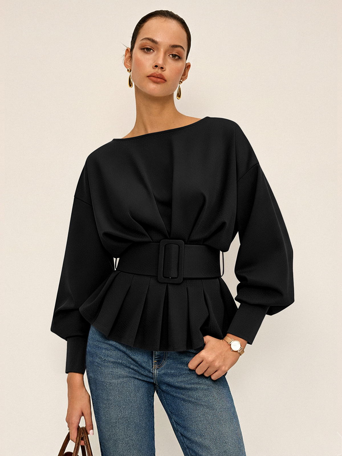 Boat Neck Peplum Sweatshirt with Wide Belt Stylish Comfort Fit