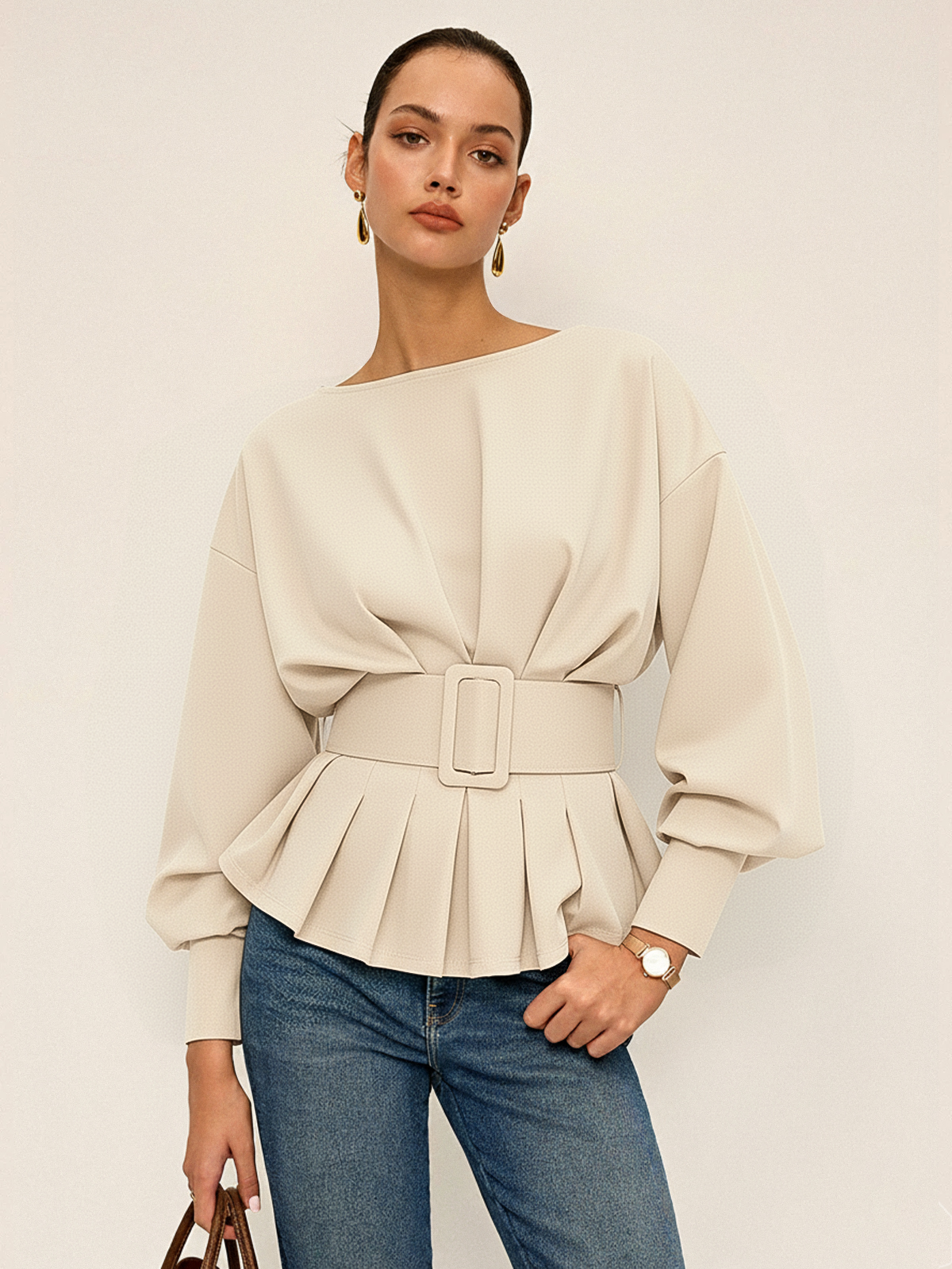 Boat Neck Peplum Sweatshirt with Wide Belt Stylish Comfort Fit