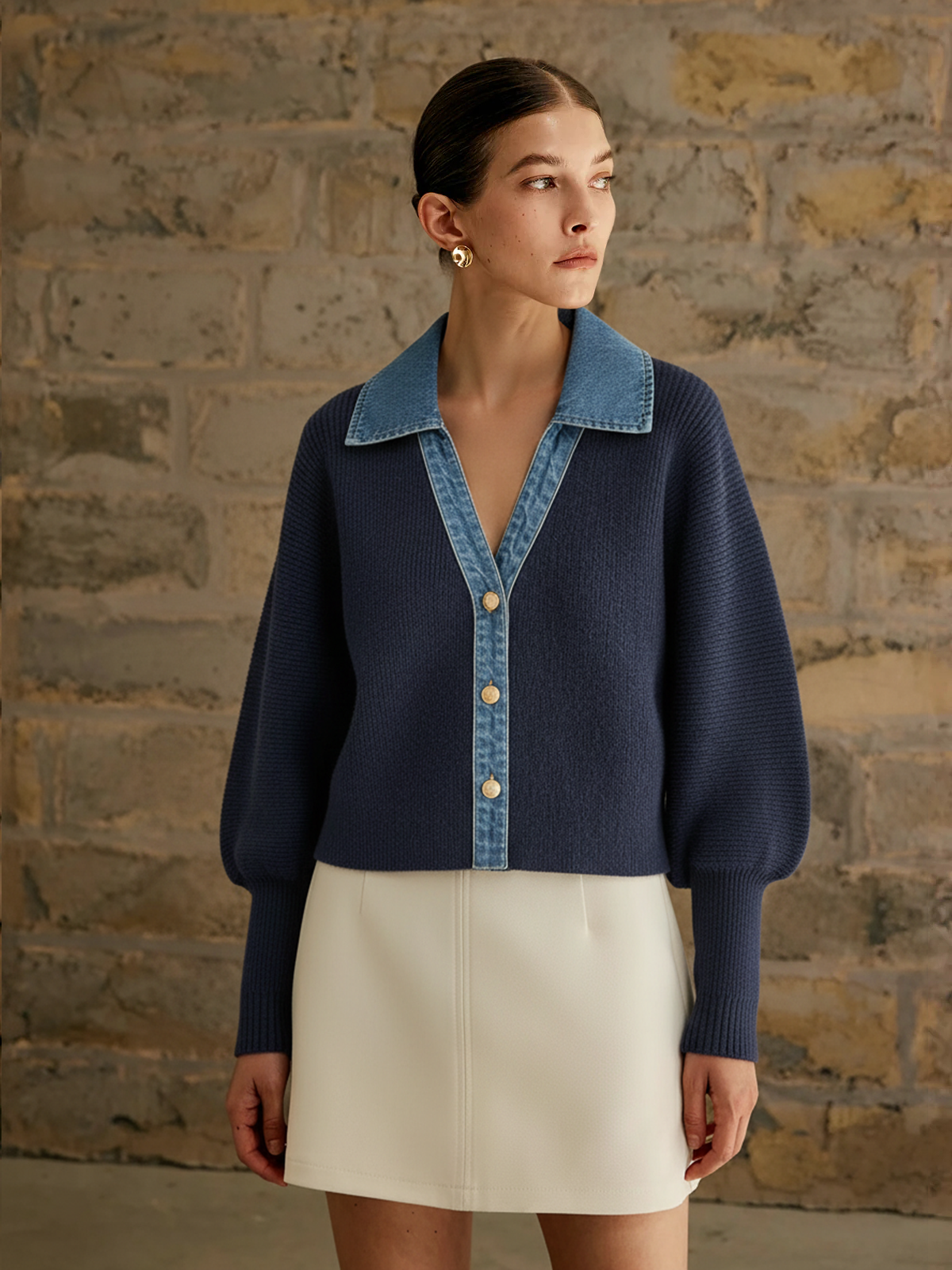 Leg-Of-Mutton Sleeve Denim Panel Knit Cardigan Stylish Women's Outerwear