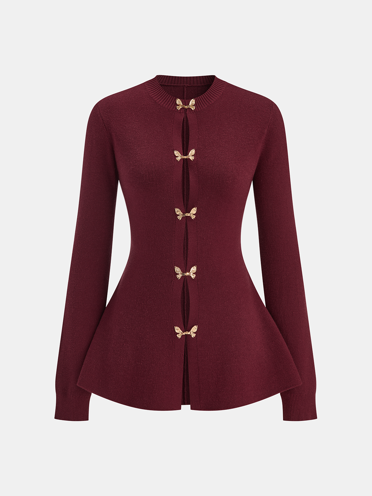Bow Buckle Peplum Knit Cardigan Lightweight Layering Fashion Sweater