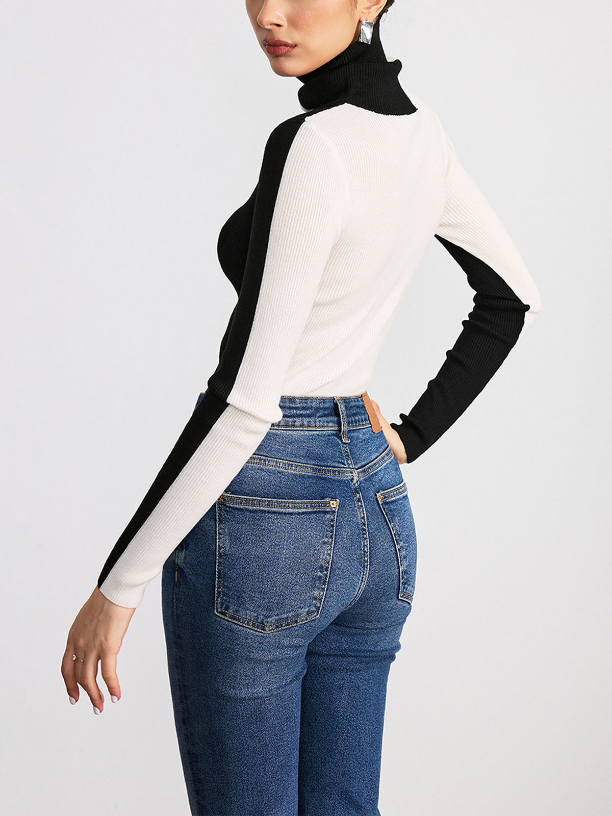 Color-Block Turtleneck Ribbed Knit Top for Women, Stylish Fall Winter Fashion